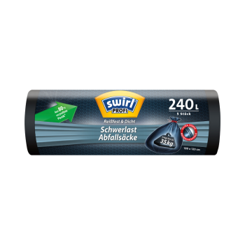 Swirl Profi Schwerlast-Abfallsäcke Reißfest & Dicht 240 Liter, mit Verschlussband, schwarz/blickdicht, trägt bis zu 35 kg, aus 80 % recyceltem Plastik